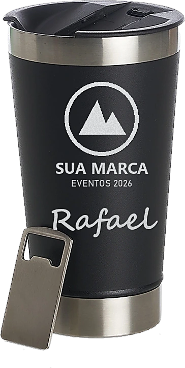 Layout: copo térmico preto com a logo e o nome Rafael gravados